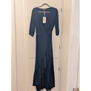 Navy Blue Wrap Maxi Dress with Ruffled Hem Elegant Long Sleeve Designer Gown